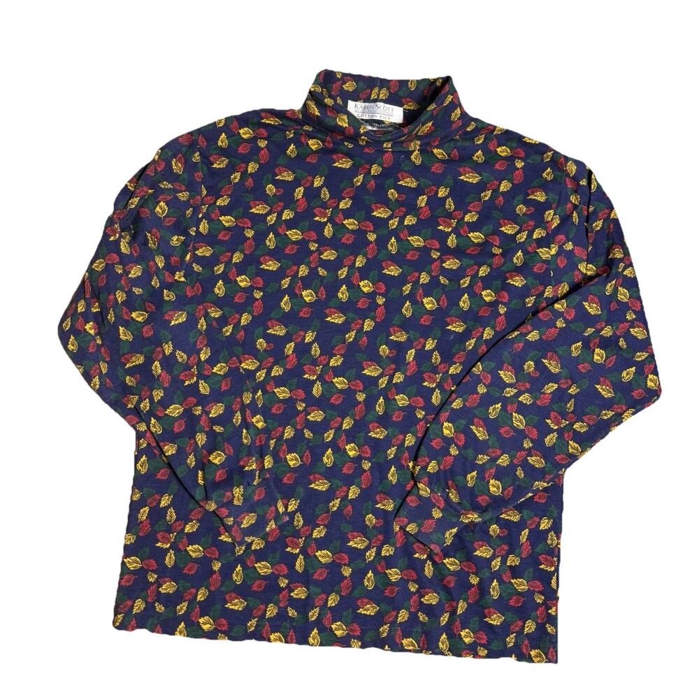 Vintage 90s Karen Scott Leaf Print Turtleneck Cottagecore Top Fits Medium (XL) - Picture 3 of 7